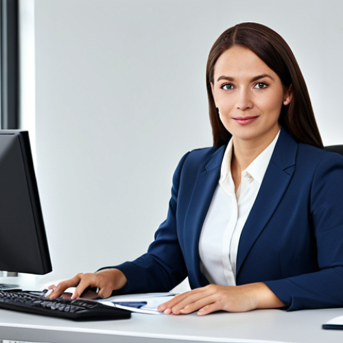Home 6 **
A professional businesswoman in a modest business suit, sitting at a desk in a modern office, fully clothed, appropriate attire, safe for work, perfect anatomy, natural proportions, professional photography, high quality.
**