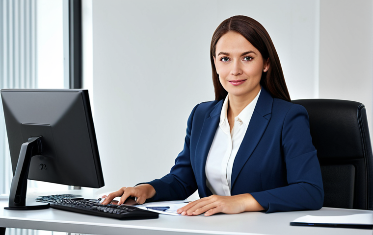 **

A professional businesswoman in a modest business suit, sitting at a desk in a modern office, fully clothed, appropriate attire, safe for work, perfect anatomy, natural proportions, professional photography, high quality.

**