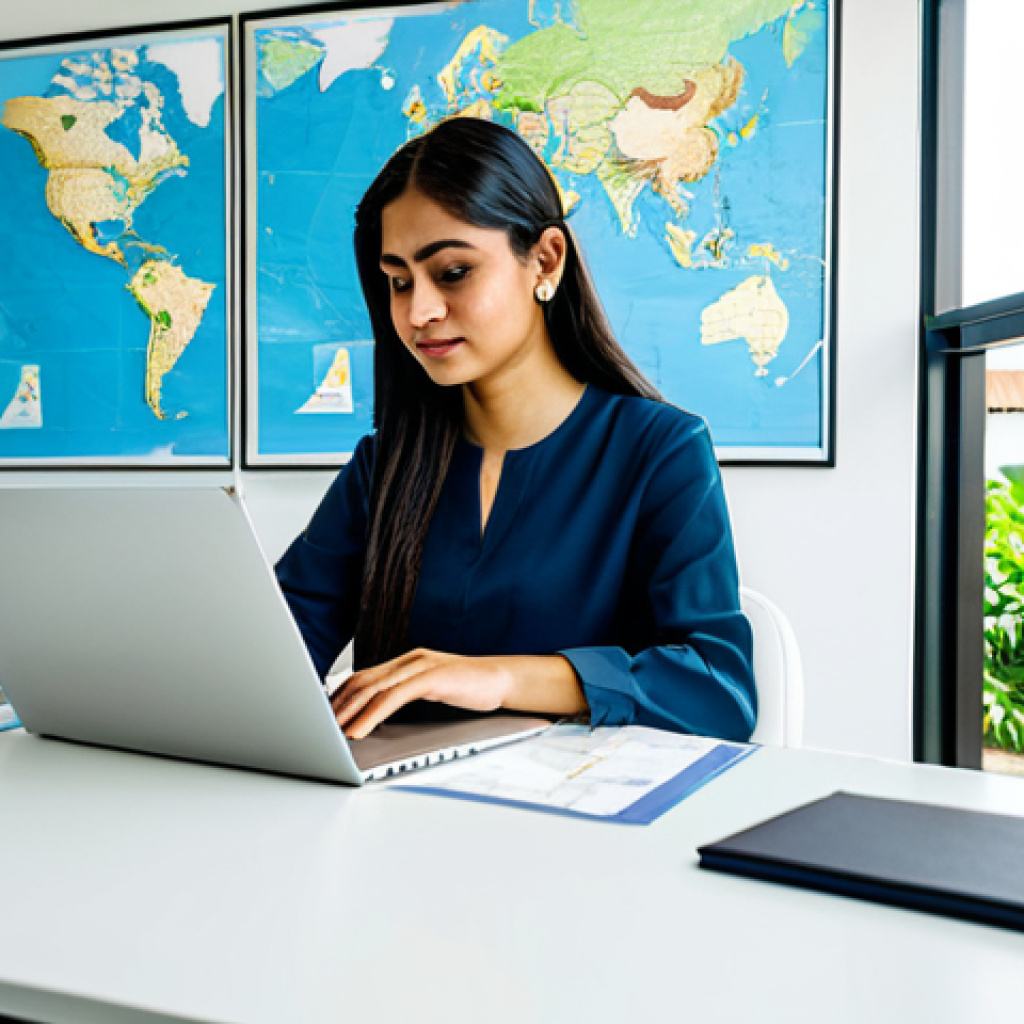 관광 경영의 글로벌화 - **
A fully clothed, professional female travel blogger in modest attire, sitting at a desk in a bri...