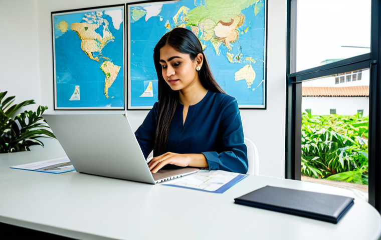관광 경영의 글로벌화 - **
A fully clothed, professional female travel blogger in modest attire, sitting at a desk in a bri...