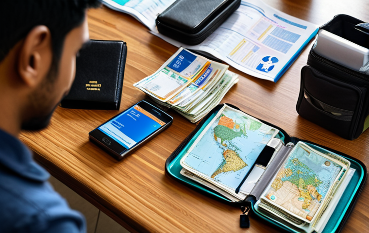 관광 사고 예방 교육 - **Prompt**: A high-angle, detailed shot capturing a travel enthusiast, a young Bengali man, meticulo...