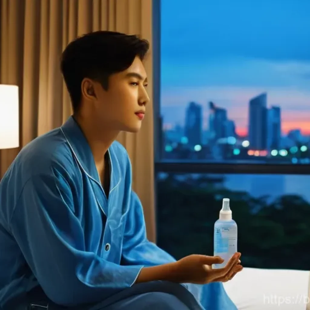 관광 재해 및 대처 방안 - **Prompt:** A young adult traveler, appearing slightly pale but composed, sits on a hotel bed in a f...