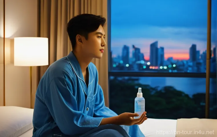 관광 재해 및 대처 방안 - **Prompt:** A young adult traveler, appearing slightly pale but composed, sits on a hotel bed in a f...