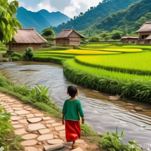 Home 14 관광 개발 사례 분석 - **Sustainable Community Tourism Experience**
A vibrant, natural village scene in a lush, green c...