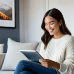 Home 7 인공지능 기반의 관광 경영 - **Prompt 1: AI-Powered Travel Planning at Home**
"A young woman, in her late 20s, with a warm sm...