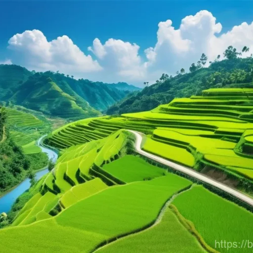 관광 개발 계획 - **Prompt:** A picturesque aerial view of a winding, newly paved road cutting through lush green hill...