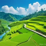 관광 개발 계획 - **Prompt:** A picturesque aerial view of a winding, newly paved road cutting through lush green hill...