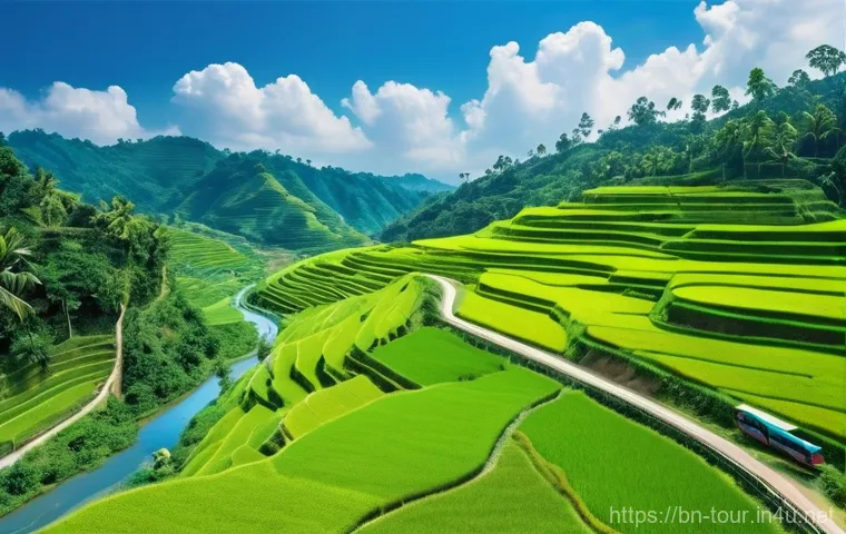 관광 개발 계획 - **Prompt:** A picturesque aerial view of a winding, newly paved road cutting through lush green hill...