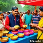 관광학 개론 필수 과목 - A vibrant scene of a traditional Bengali cultural festival with local artisans dressed in colorful a...
