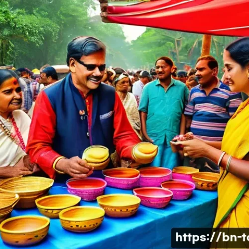 관광학 개론 필수 과목 - A vibrant scene of a traditional Bengali cultural festival with local artisans dressed in colorful a...