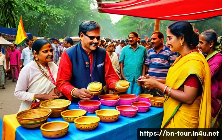 관광학 개론 필수 과목 - A vibrant scene of a traditional Bengali cultural festival with local artisans dressed in colorful a...