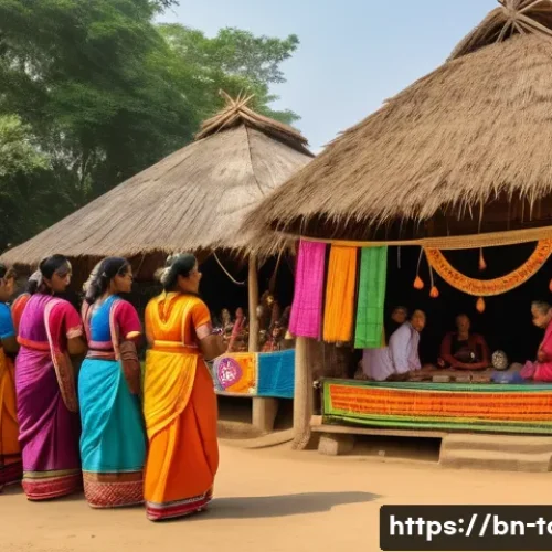 문화재 보존과 관광 - A vibrant rural Bengali village scene during a traditional cultural festival, with local men and wom...