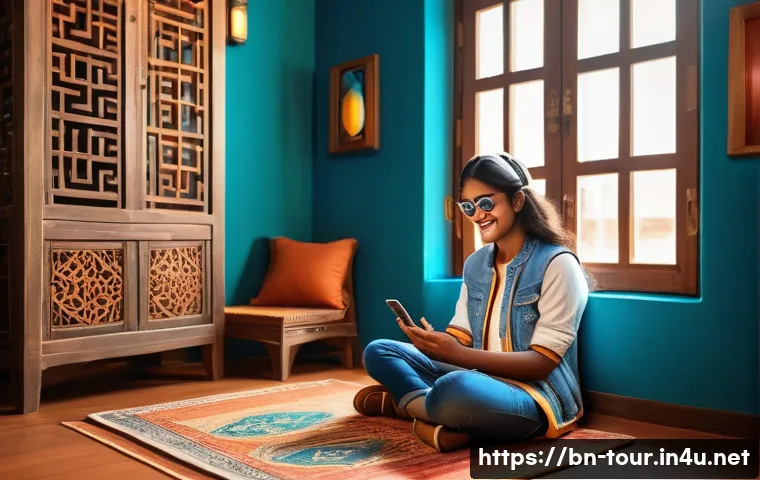 아웃바운드 관광 동향 - A vibrant digital travel planning scene showing a young Bengali traveler using a smartphone app to b...