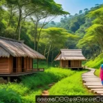관광 개발 지역 사례 - A vibrant eco-tourism scene in the lush hills of Bengal, featuring a diverse group of tourists weari...