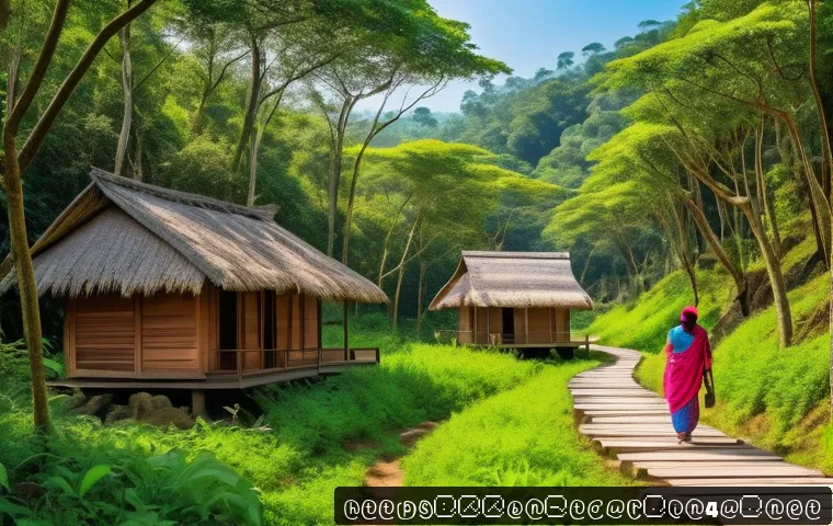 관광 개발 지역 사례 - A vibrant eco-tourism scene in the lush hills of Bengal, featuring a diverse group of tourists weari...