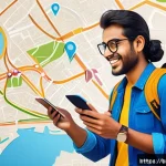 여행의 개인화 트렌드 - A detailed digital illustration of a young Bengali traveler using a smartphone app for smart trip pl...