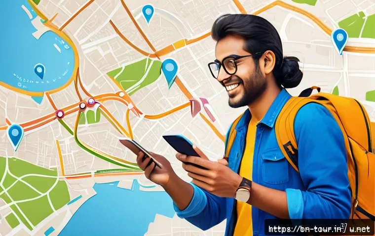 여행의 개인화 트렌드 - A detailed digital illustration of a young Bengali traveler using a smartphone app for smart trip pl...