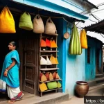 지역 관광 - A vibrant street scene in a Bengali city showcasing a small artisan&rsquo;s shop filled with handmade jute...