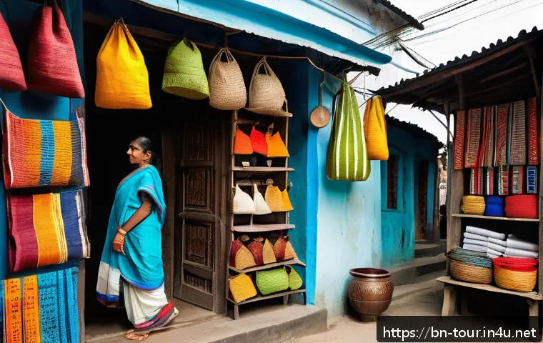 지역 관광 - A vibrant street scene in a Bengali city showcasing a small artisan&rsquo;s shop filled with handmade jute...