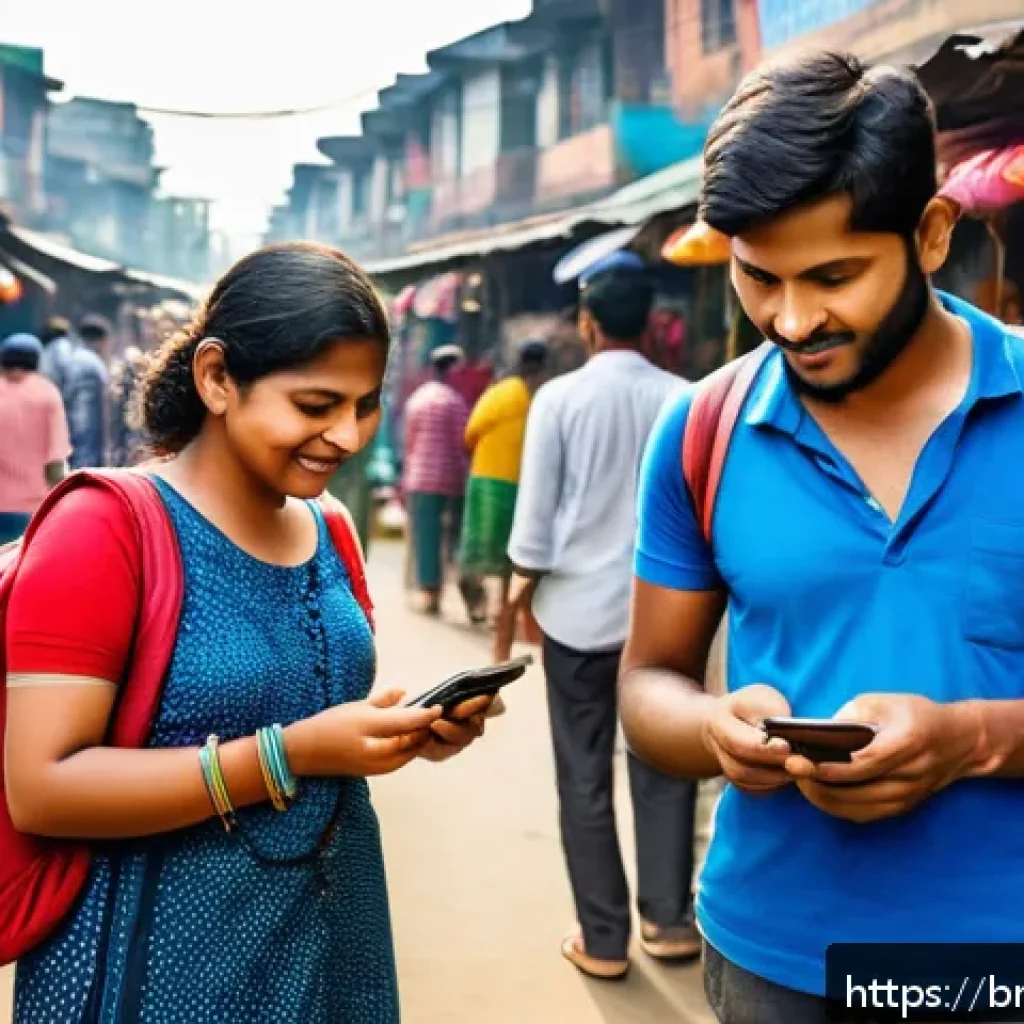 인바운드 관광 시장 분석 - A vibrant scene of a Bengali tourist using a smartphone app in a colorful local market setting in Ba...
