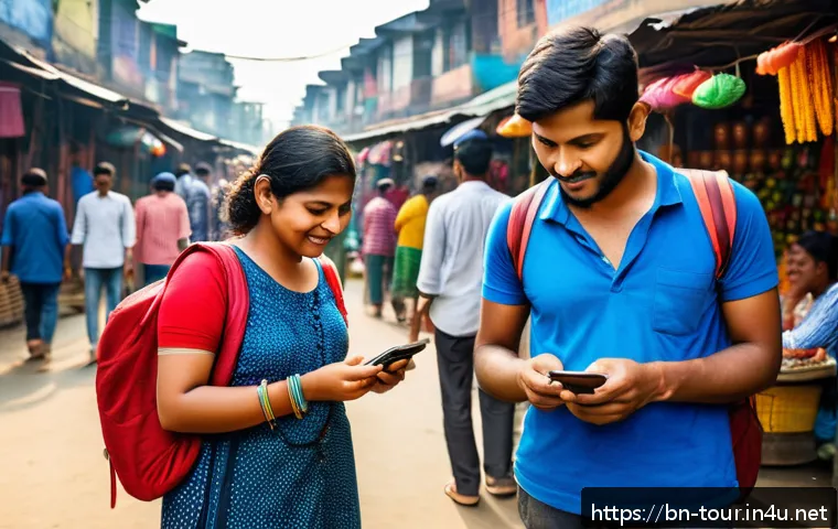 인바운드 관광 시장 분석 - A vibrant scene of a Bengali tourist using a smartphone app in a colorful local market setting in Ba...