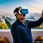 관광 혁신 - A cozy living room setting where a middle-aged Bengali man is wearing VR goggles, experiencing a vir...