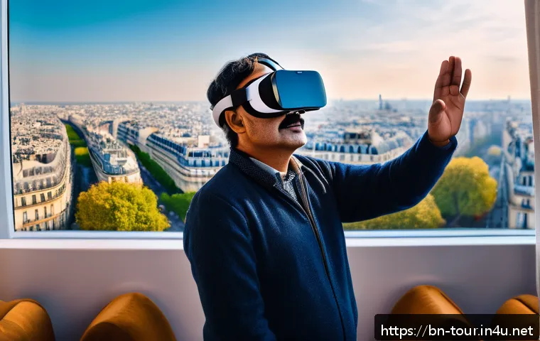 관광 혁신 - A cozy living room setting where a middle-aged Bengali man is wearing VR goggles, experiencing a vir...