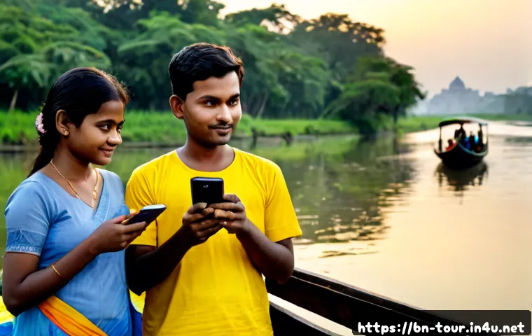 디지털 혁신과 관광 - Photorealistic travel innovation scene in Bangladesh, a Bengali family using a smartphone with a cle...